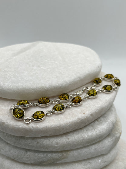 925 Sterling Silver Green Oval Amber Bracelet- 20cm