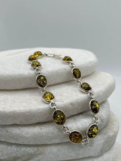 925 Sterling Silver Green Oval Amber Bracelet- 20cm
