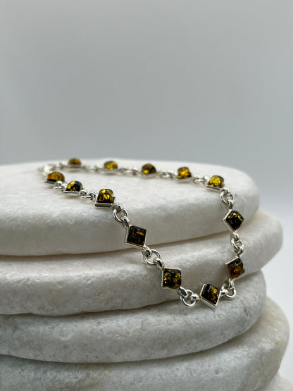 925 Sterling Silver Green Amber Bracelet- 20cm