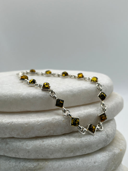 925 Sterling Silver Green Amber Bracelet- 20cm