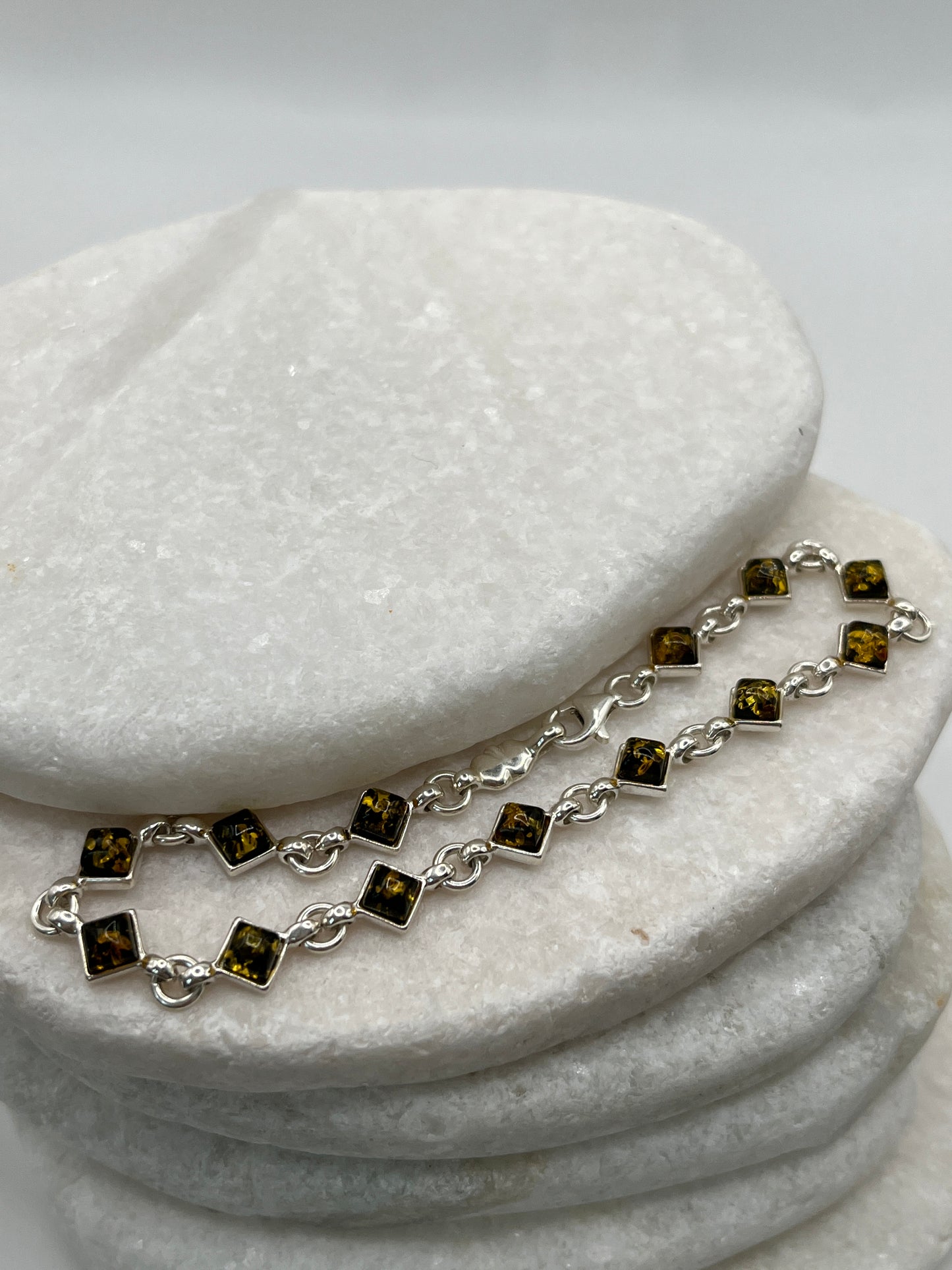925 Sterling Silver Green Amber Bracelet- 20cm