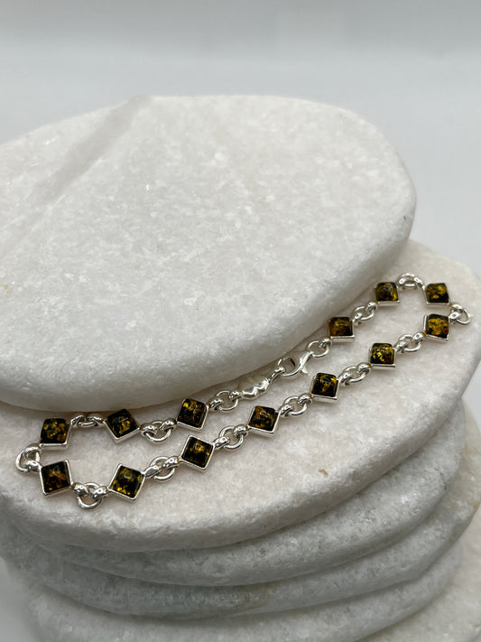 925 Sterling Silver Green Amber Bracelet- 20cm