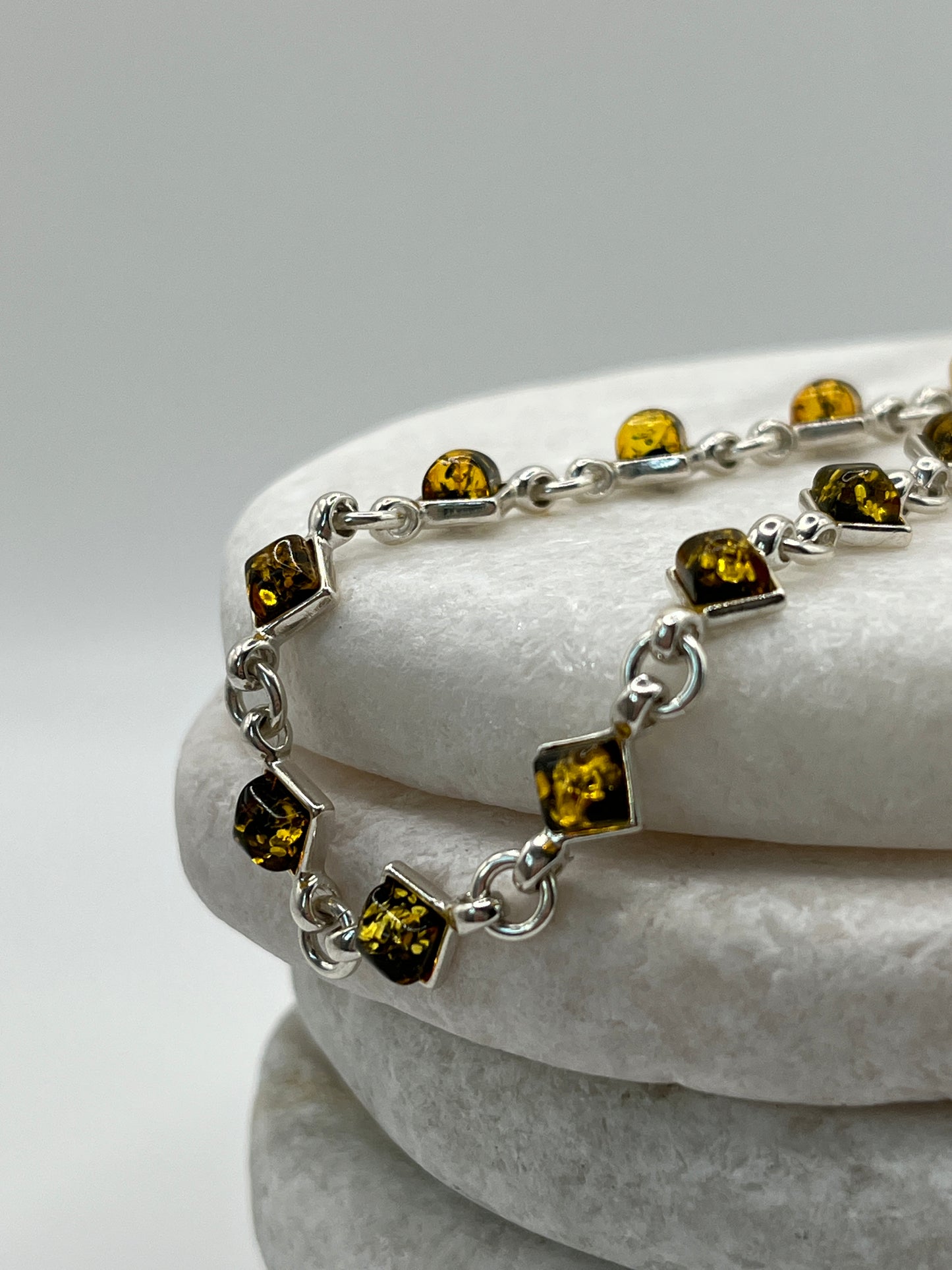 925 Sterling Silver Green Amber Bracelet- 20cm