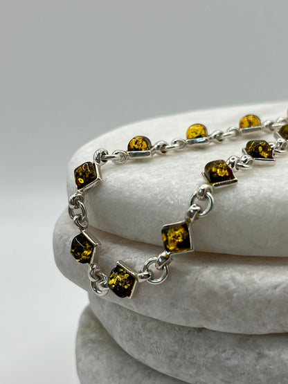 925 Sterling Silver Green Amber Bracelet- 20cm