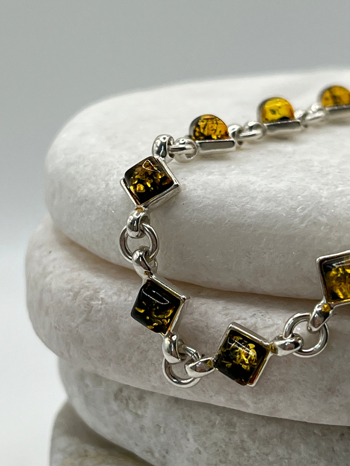 925 Sterling Silver Green Amber Bracelet- 20cm