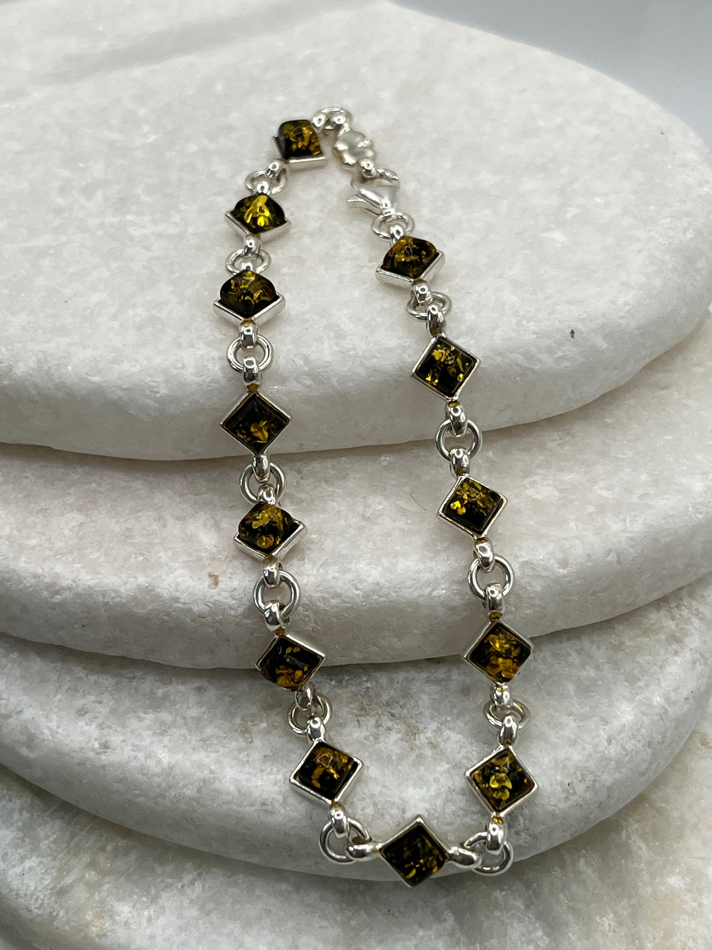 925 Sterling Silver Green Amber Bracelet- 20cm