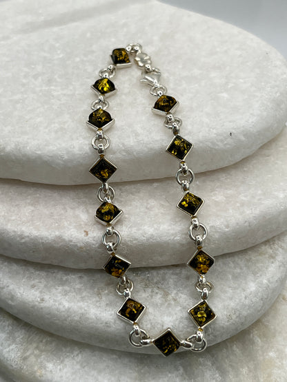 925 Sterling Silver Green Amber Bracelet- 20cm
