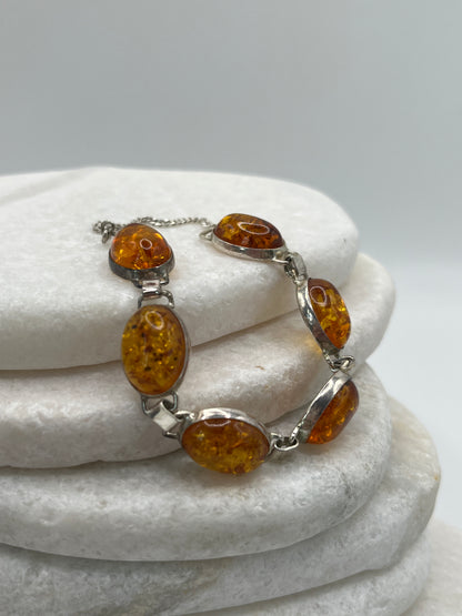 925 Sterling Silver Baltic Honey Amber Bracelet- 20cm