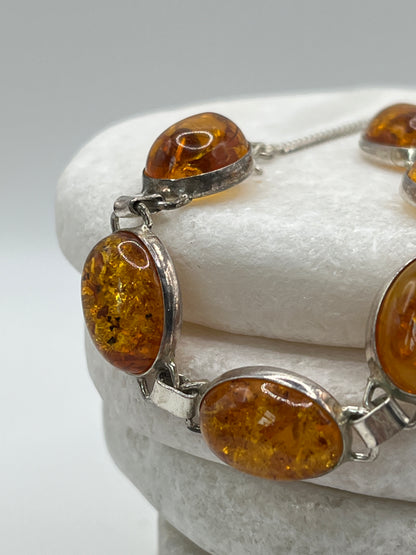 925 Sterling Silver Baltic Honey Amber Bracelet- 20cm
