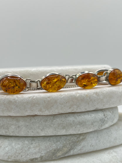 925 Sterling Silver Baltic Honey Amber Bracelet- 20cm