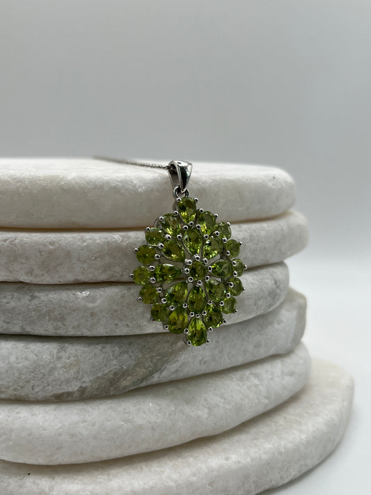 Natural Peridot Cluster Pendant Necklace – 925 Sterling Silver, 45cm Chain (One of a Kind)