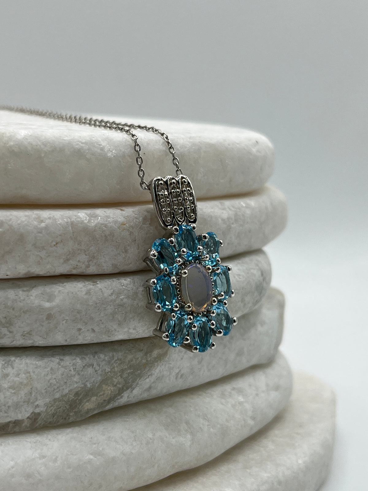 Genuine Opal & Swiss Blue Topaz Halo Pendant with Diamonds | 925 Sterling Silver | 45cm Chain | October Birthstone Necklace | One Available