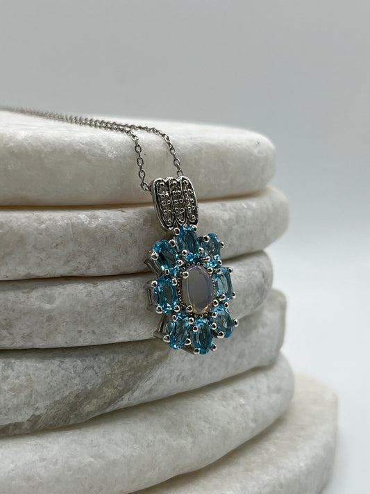 Genuine Opal & Swiss Blue Topaz Halo Pendant with Diamonds | 925 Sterling Silver | 45cm Chain | October Birthstone Necklace | One Available