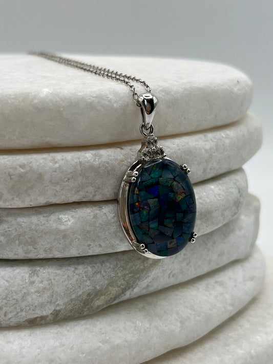 925 Sterling Silver Mosaic Opal Pendant on 45cm Sterling Silver Chain