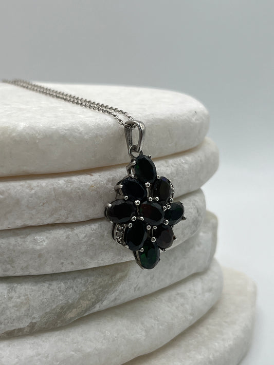 925 Sterling Silver Black Opal and Diamond Cluster Pendant