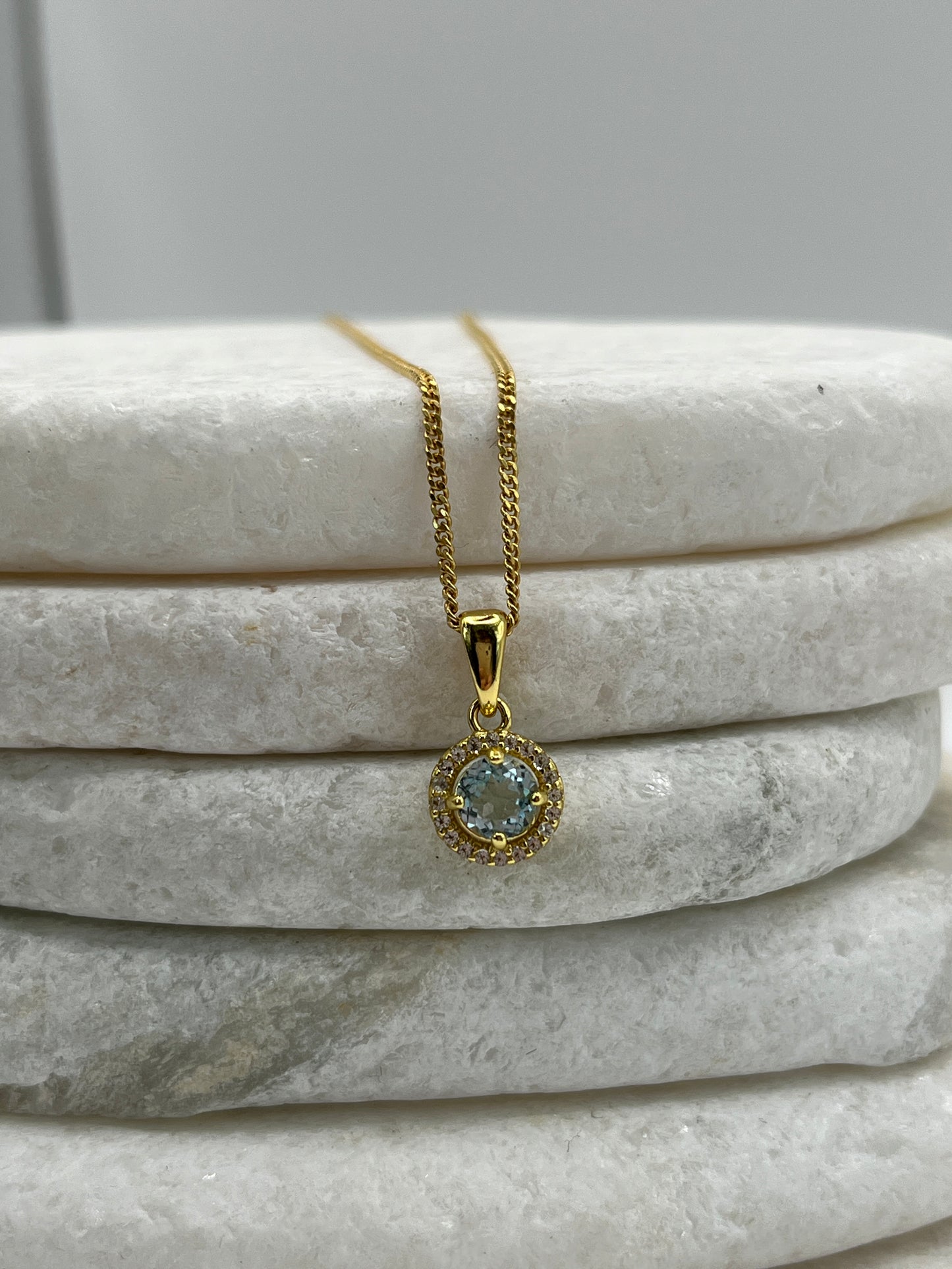 925 Sterling Silver Gold Gilded Blue Topaz Halo Pendant on 45cm Sterling Silver Chain
