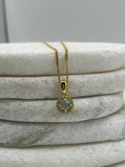 925 Sterling Silver Gold Gilded Blue Topaz Halo Pendant on 45cm Sterling Silver Chain