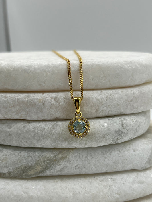 925 Sterling Silver Gold Gilded Blue Topaz Halo Pendant on 45cm Sterling Silver Chain