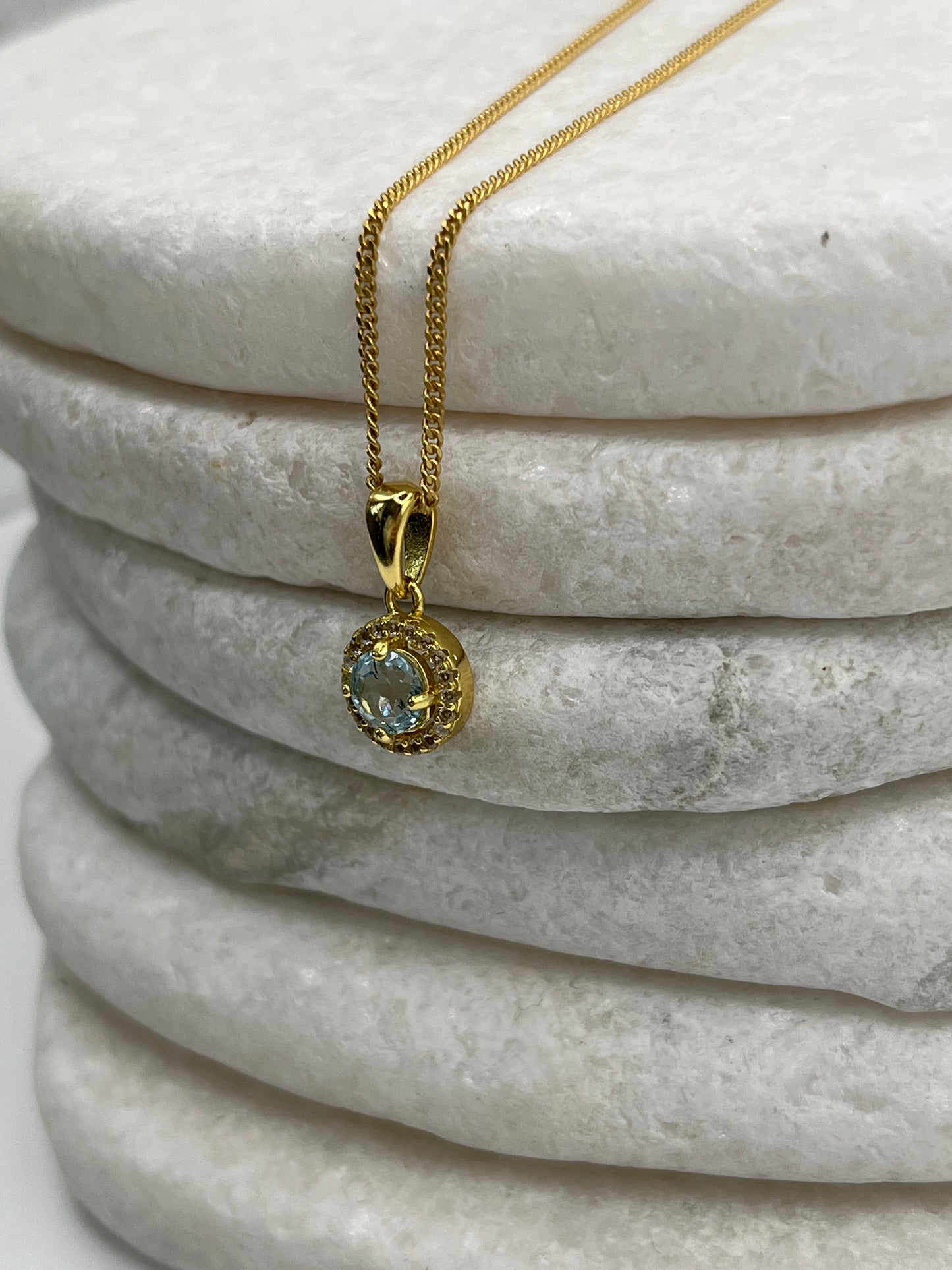 925 Sterling Silver Gold Gilded Blue Topaz Halo Pendant on 45cm Sterling Silver Chain
