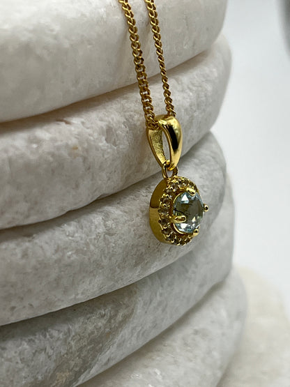 925 Sterling Silver Gold Gilded Blue Topaz Halo Pendant on 45cm Sterling Silver Chain