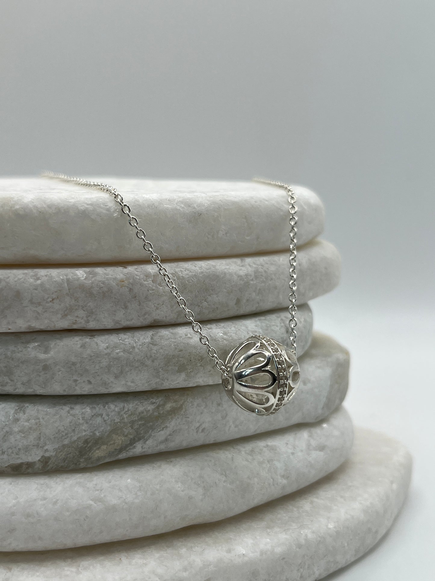925 Sterling Silver White Zircon Filigree Ball Pendant on 45cm Sterling Silver Chain