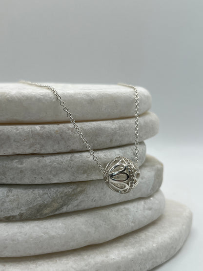 925 Sterling Silver White Zircon Filigree Ball Pendant on 45cm Sterling Silver Chain