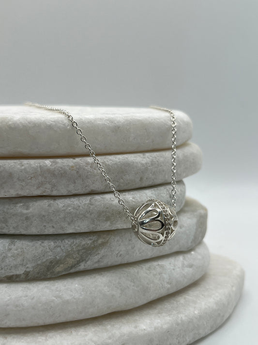 925 Sterling Silver White Zircon Filigree Ball Pendant on 45cm Sterling Silver Chain