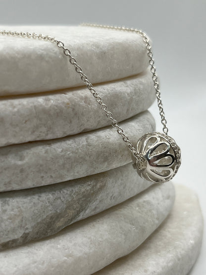 925 Sterling Silver White Zircon Filigree Ball Pendant on 45cm Sterling Silver Chain