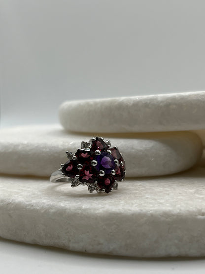925 Sterling Silver Garnet and Amethyst Cluster Statement Ring - Size L