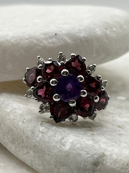925 Sterling Silver Garnet and Amethyst Cluster Statement Ring - Size L