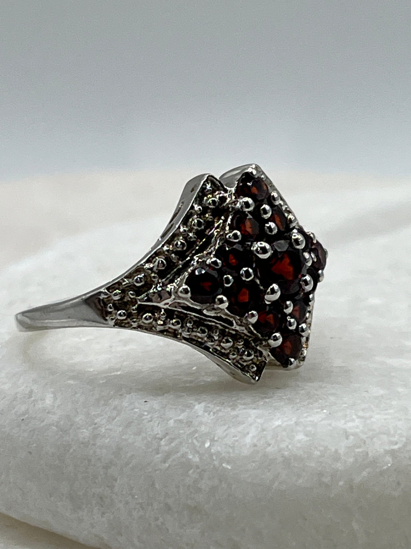 925 Sterling Silver Cluster Garnet Ring - Size O