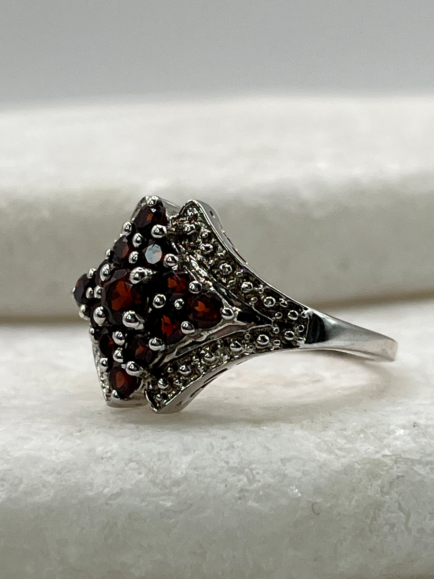 925 Sterling Silver Cluster Garnet Ring - Size O