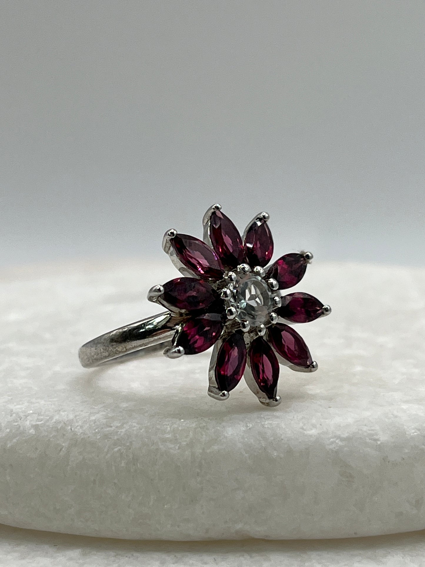 925 Sterling Silver Rajasthan Garnet and White Zircon Flower Ring - Size O