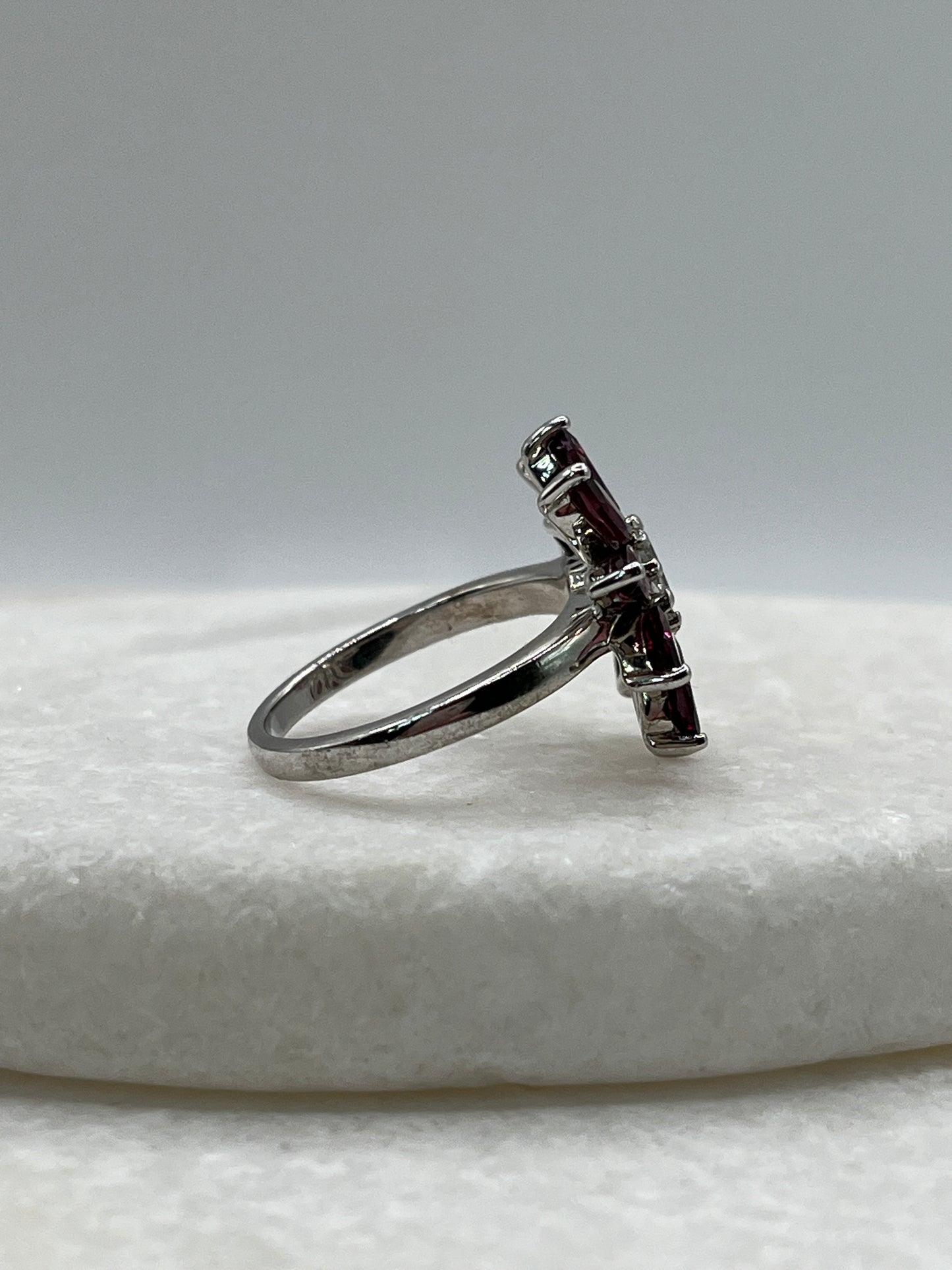 925 Sterling Silver Rajasthan Garnet and White Zircon Flower Ring - Size O