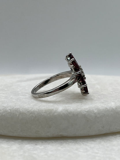 925 Sterling Silver Rajasthan Garnet and White Zircon Flower Ring - Size O