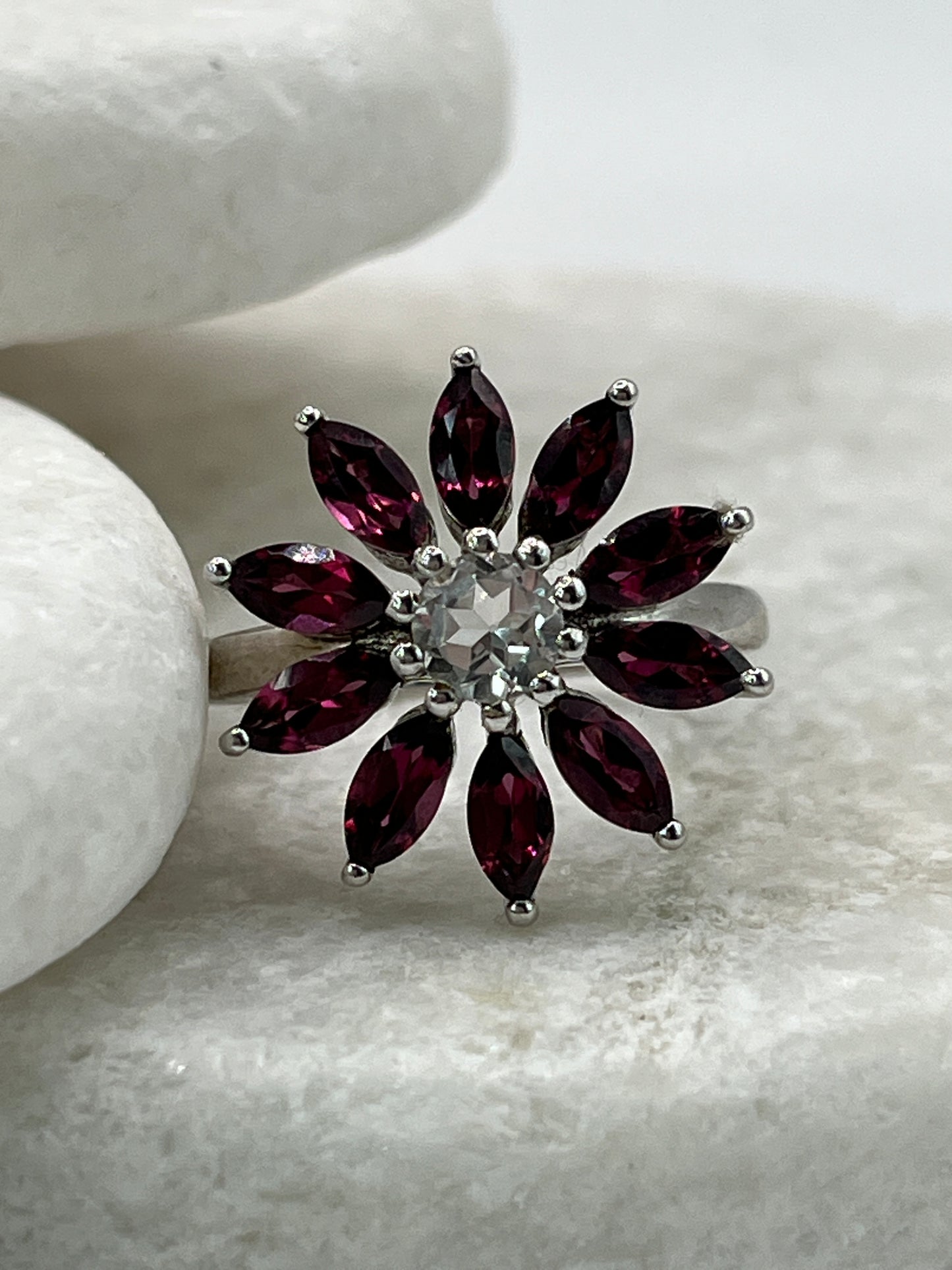 925 Sterling Silver Rajasthan Garnet and White Zircon Flower Ring - Size O