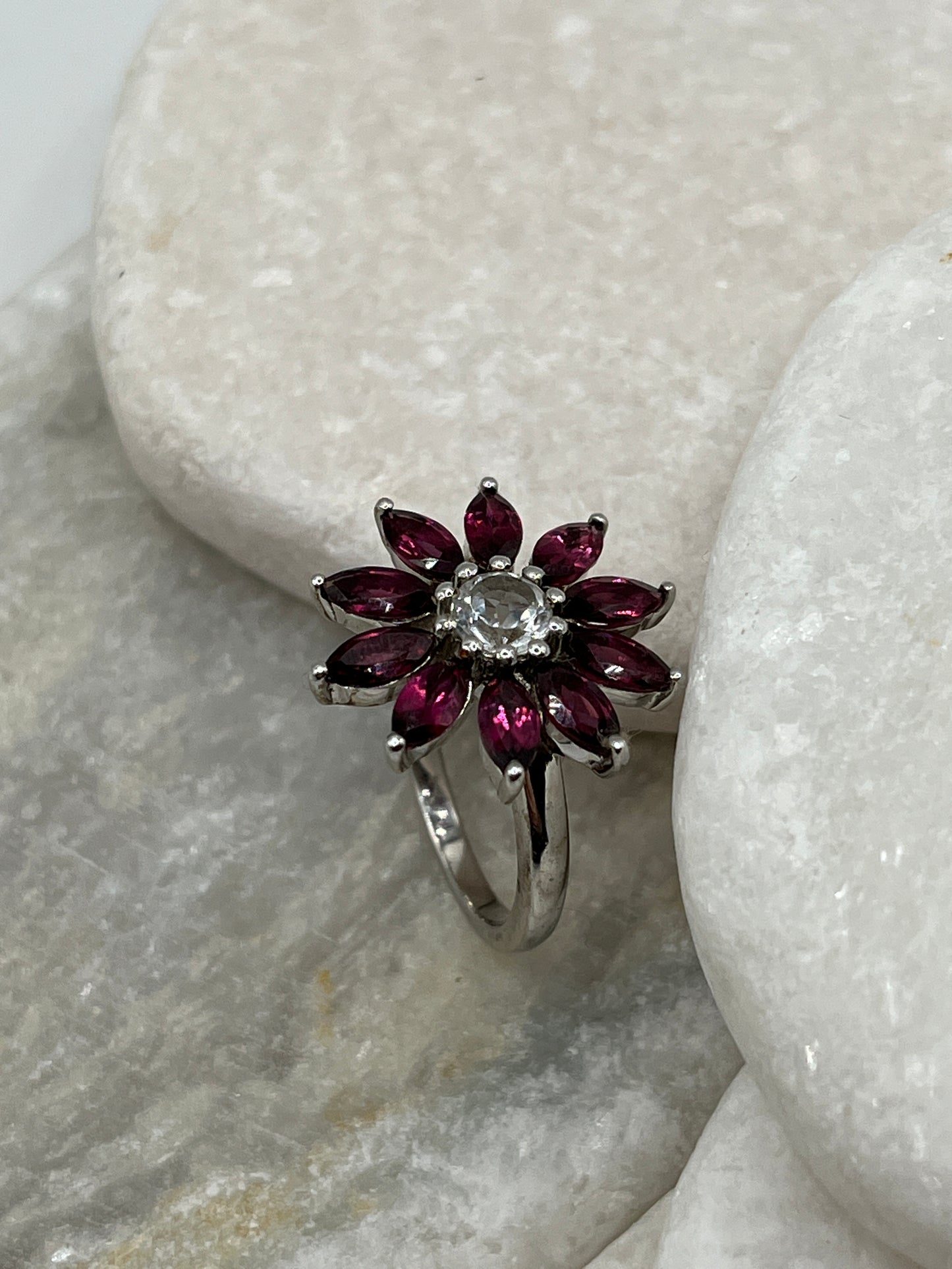 925 Sterling Silver Rajasthan Garnet and White Zircon Flower Ring - Size O