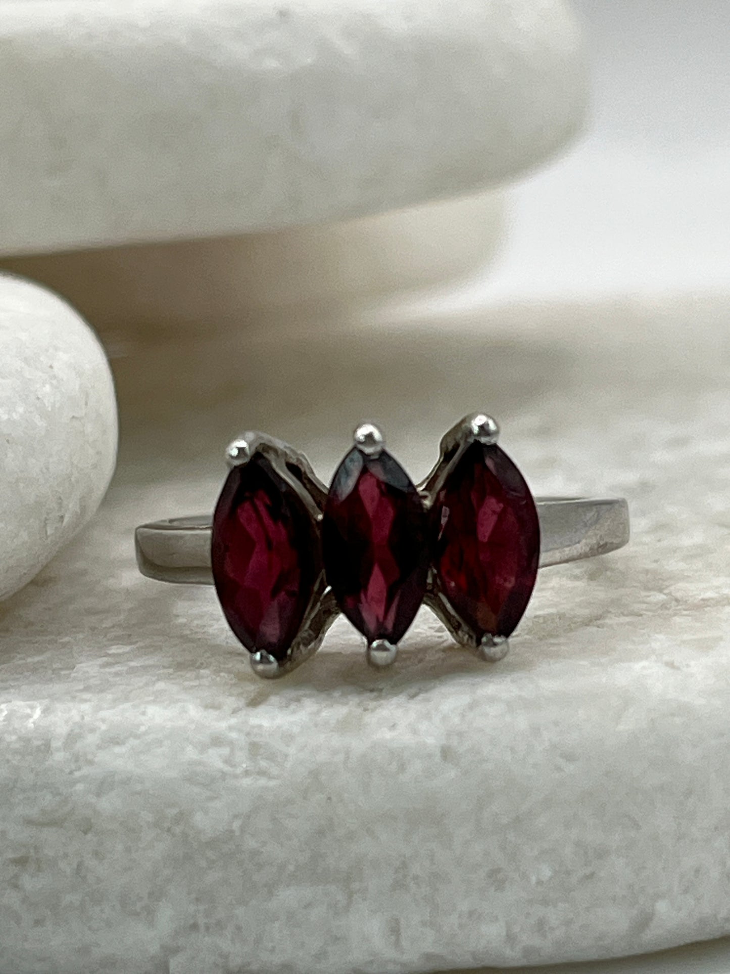 925 Sterling Silver Marquise Trilogy Garnet Ring - Size O