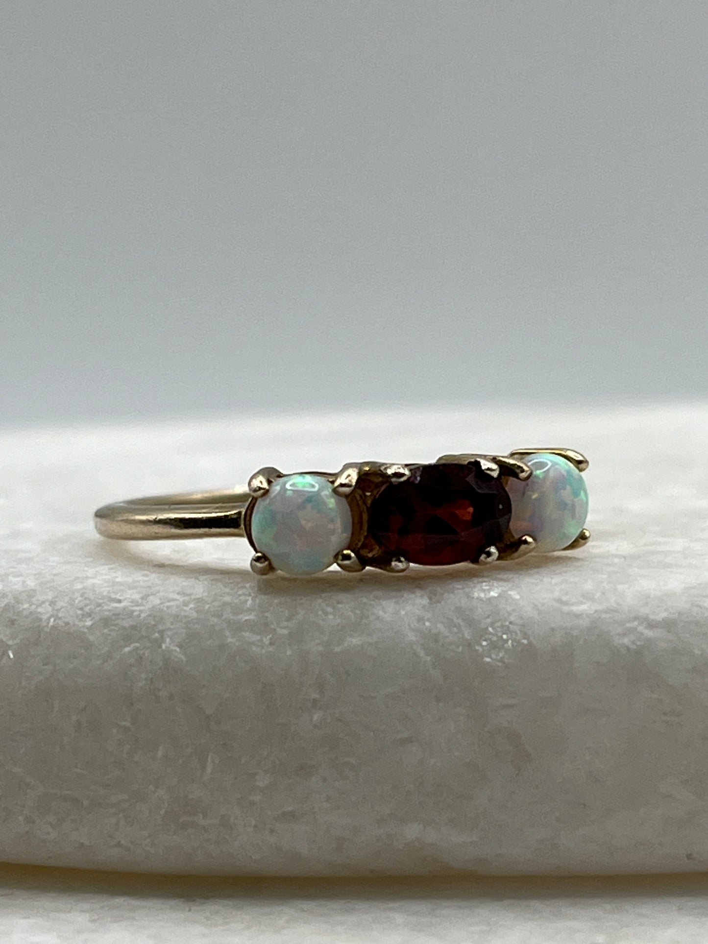 925 Sterling Silver Opal and Garnet Gilded Trilogy Ring - Size O