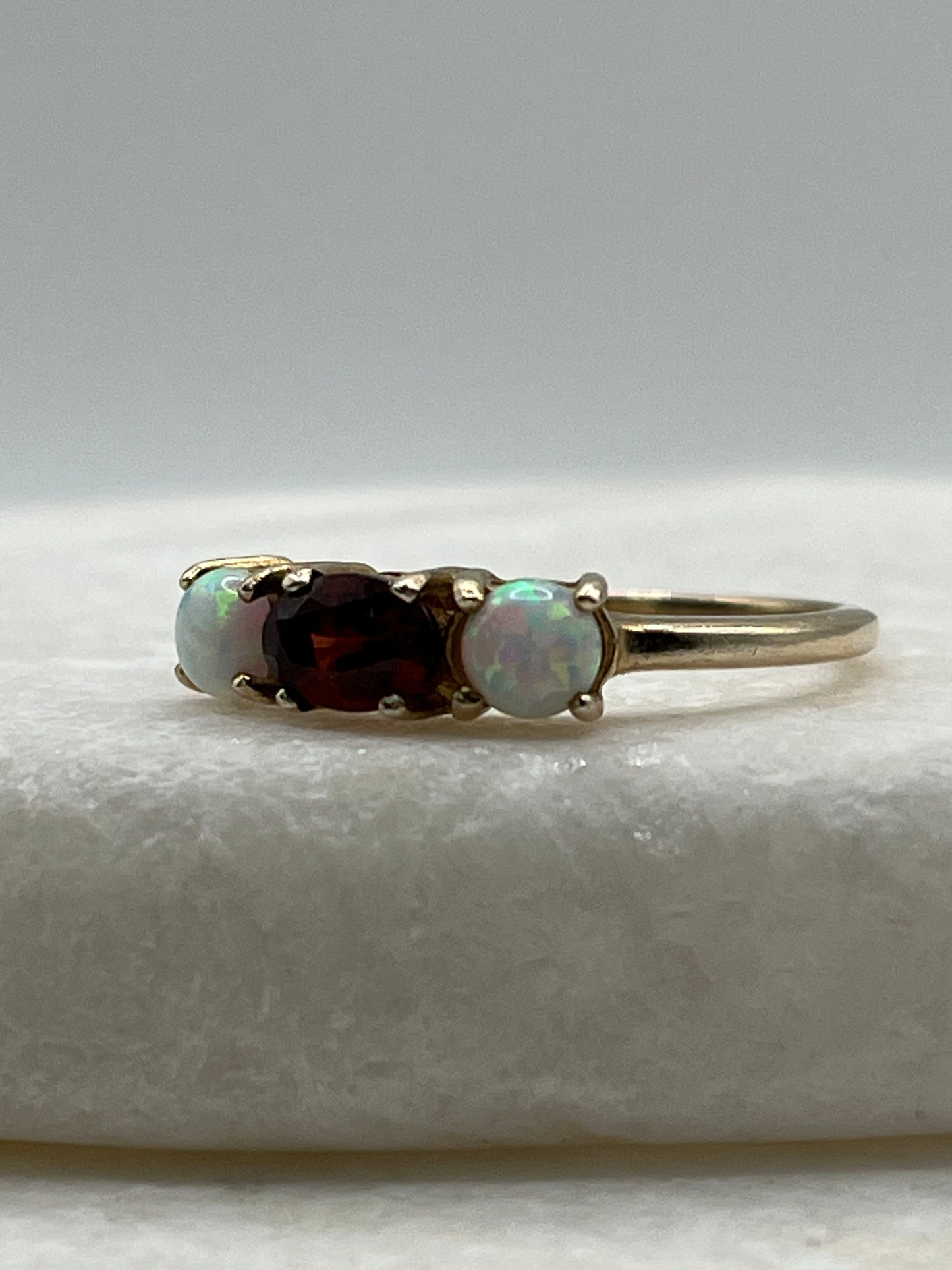 925 Sterling Silver Opal and Garnet Gilded Trilogy Ring - Size O