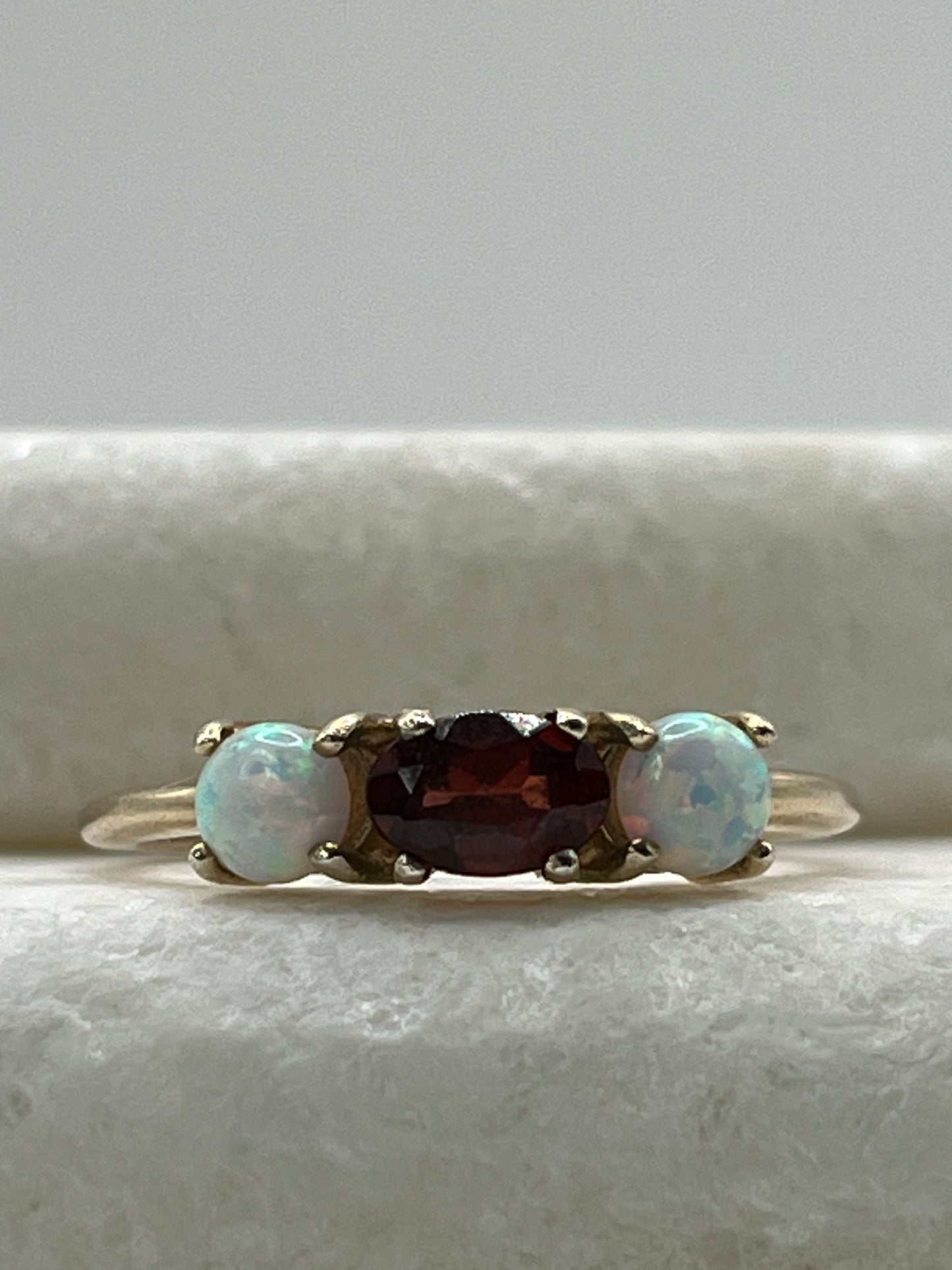 925 Sterling Silver Opal and Garnet Gilded Trilogy Ring - Size O