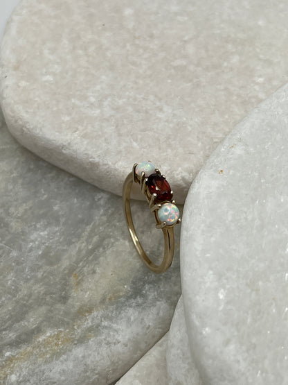 925 Sterling Silver Opal and Garnet Gilded Trilogy Ring - Size O