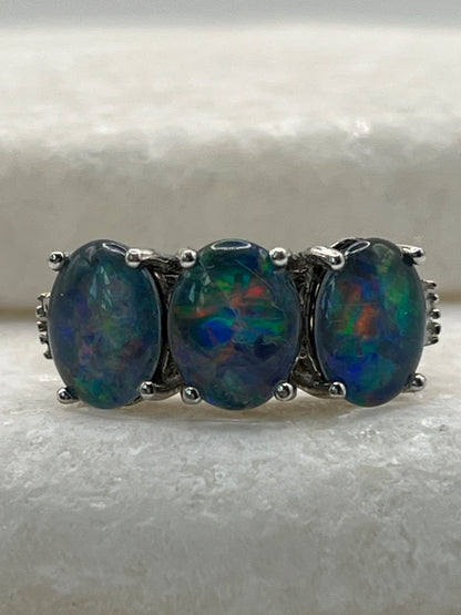 925 Sterling Silver Trilogy Triplet Opal with Diamond Shoulders