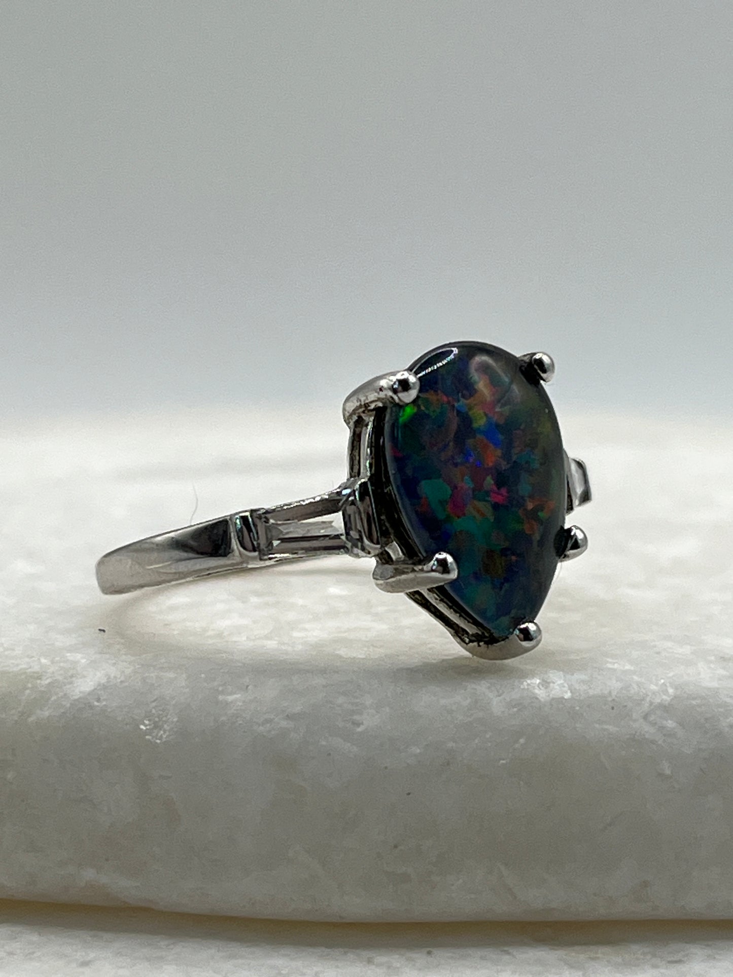 925 Sterling Silver Teardrop Triplet Opal and White Topaz Ring - Size T