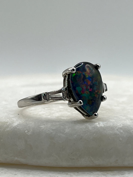 925 Sterling Silver Teardrop Triplet Opal and White Topaz Ring - Size T