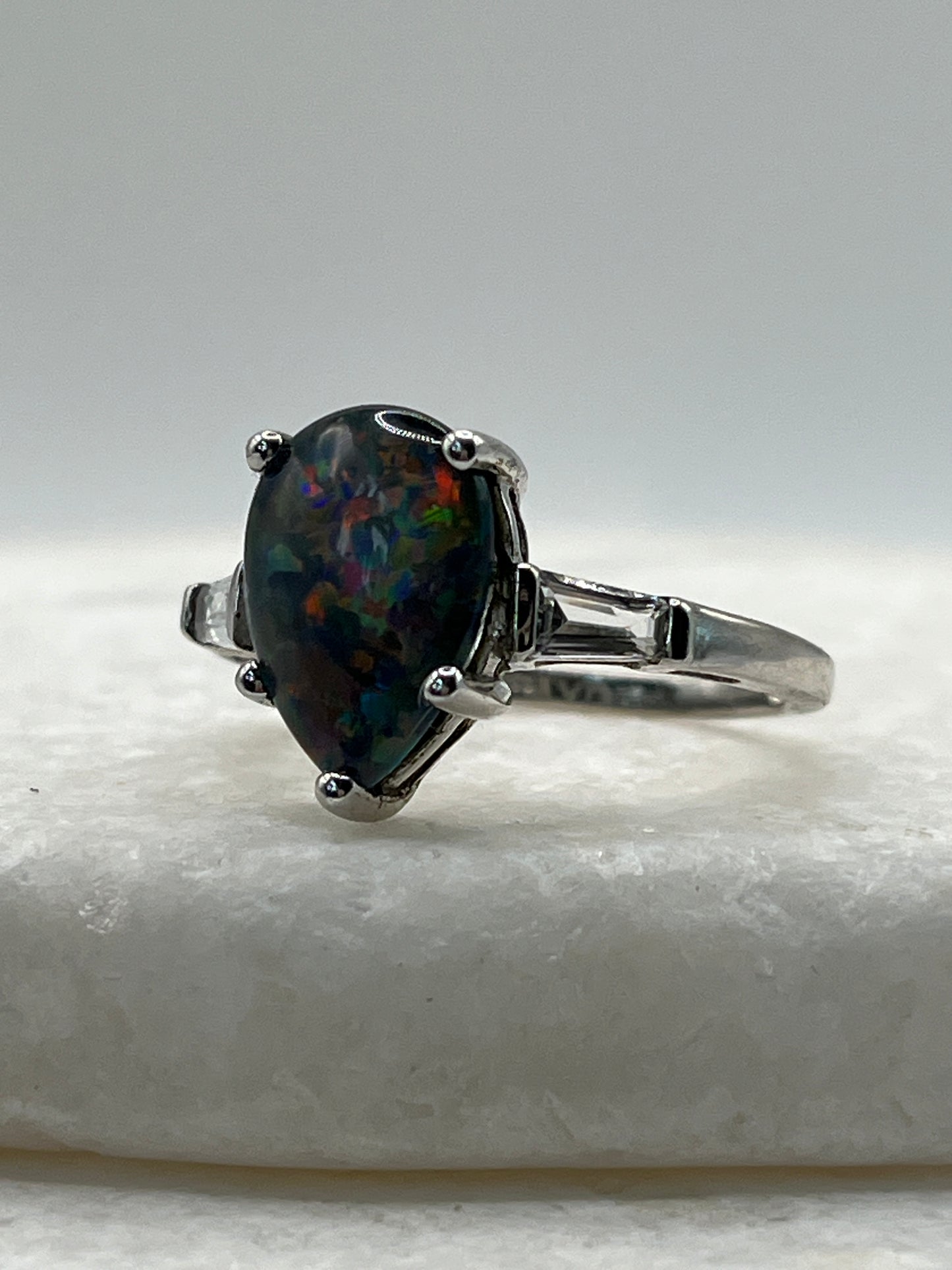 925 Sterling Silver Teardrop Triplet Opal and White Topaz Ring - Size T