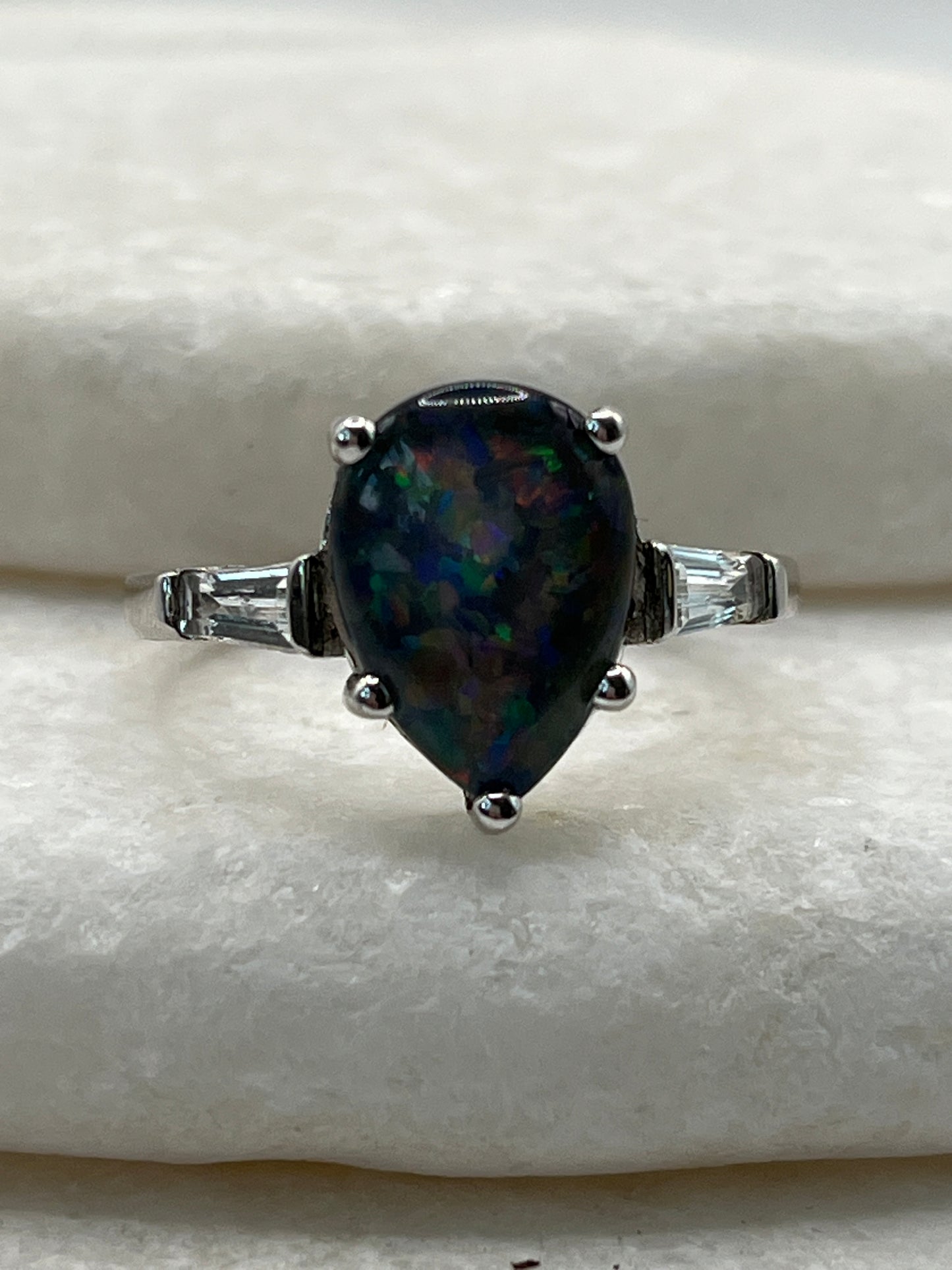 925 Sterling Silver Teardrop Triplet Opal and White Topaz Ring - Size T