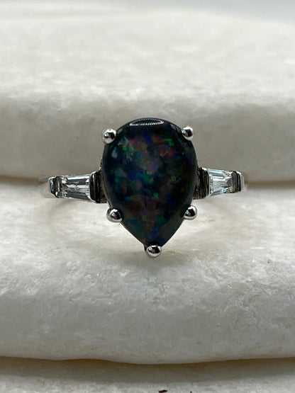 925 Sterling Silver Teardrop Triplet Opal and White Topaz Ring - Size T