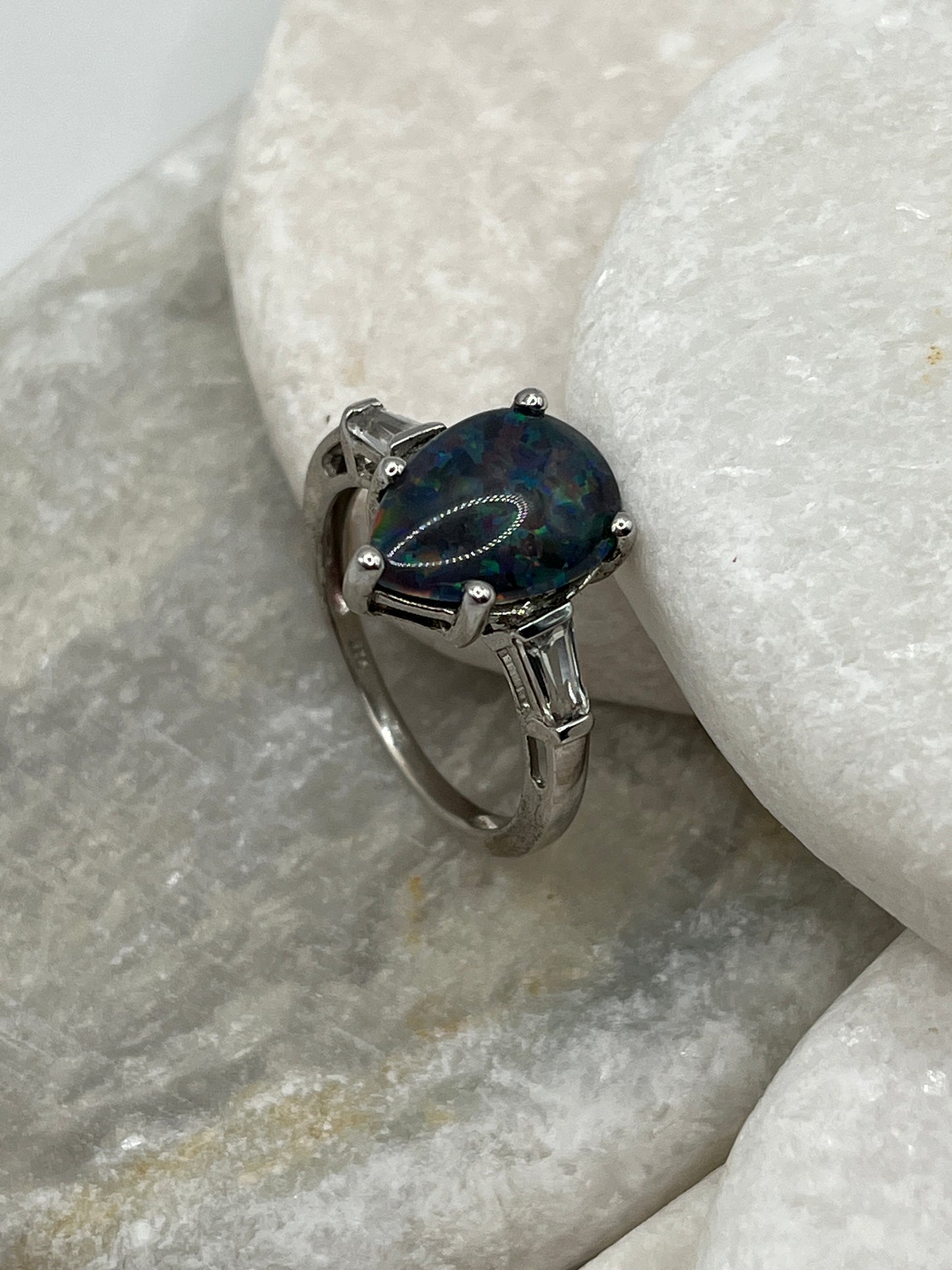 925 Sterling Silver Teardrop Triplet Opal and White Topaz Ring - Size T