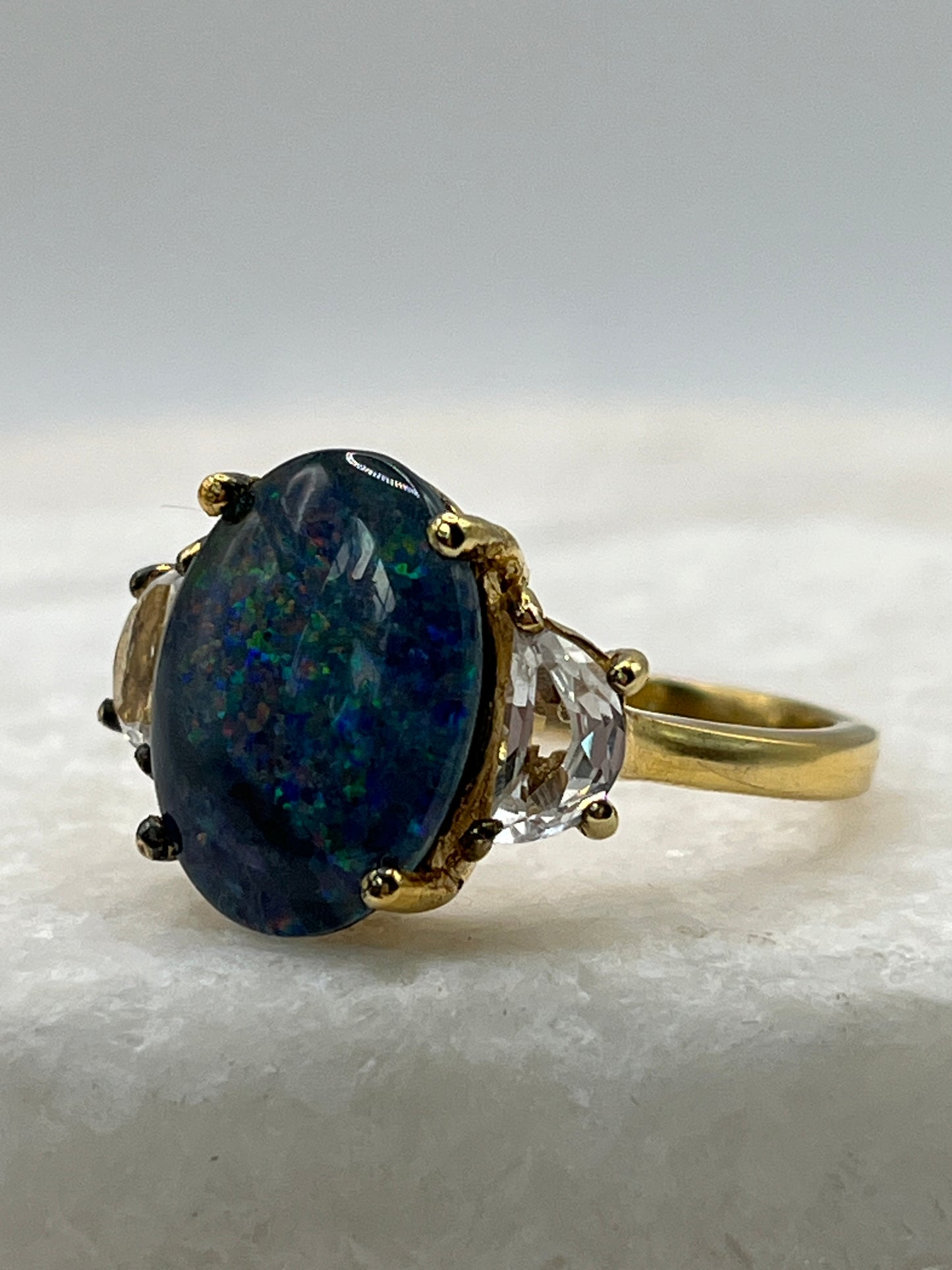 925 Sterling Silver Gilded Triplet Opal with White Topaz - Size T